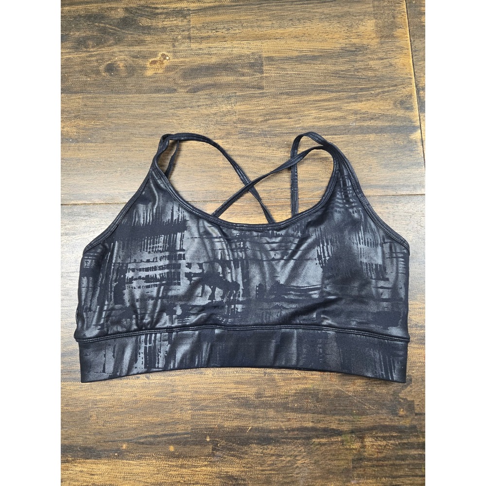 PrismSport Womens Large Black Abstract Foil Print Strappy Back Sports Bra